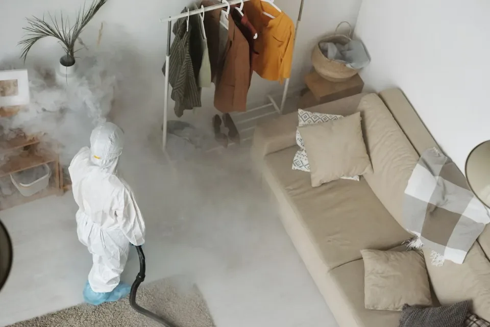 Pest Control Technician — Residential Interior — Pest Control Technician, Protective Hazmat Suit, Fogging Machine, Pest Cont…