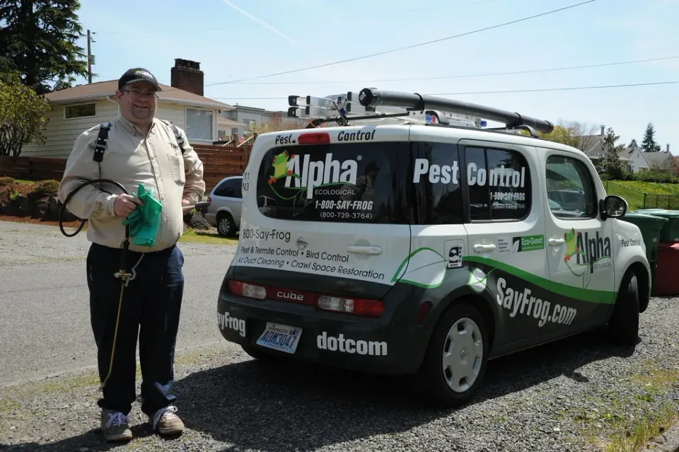Pest Control Technician — Residential Service — Pest Control Technician, Service Vehicle, Roof Ladder Rack, Pest Control, Pe…