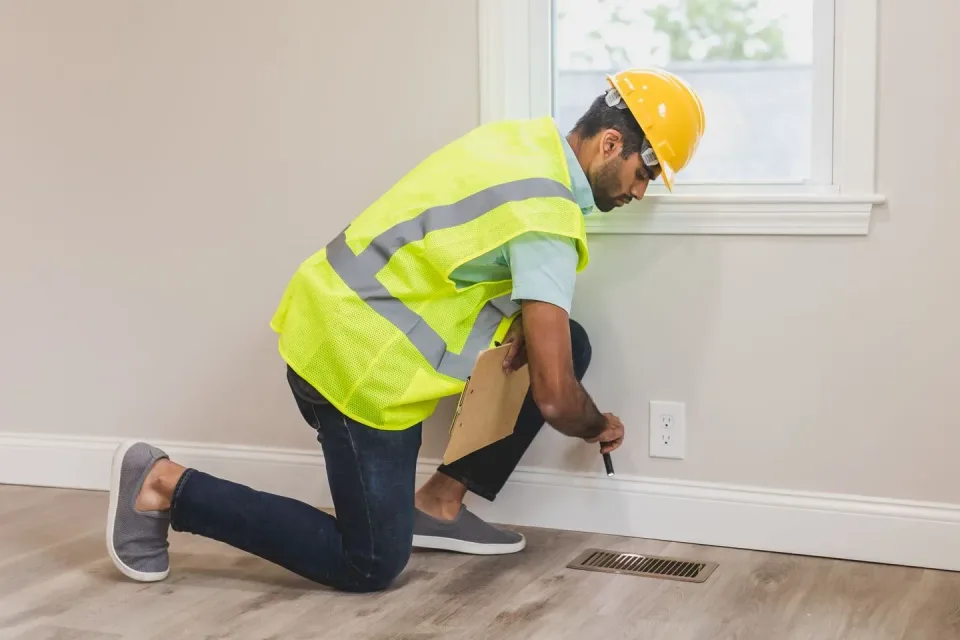 Pest Control Technician — Home Inspection — Pest Control Technician, Hard Hat, Safety Vest, Pest Control, Pest Control in Ar…
