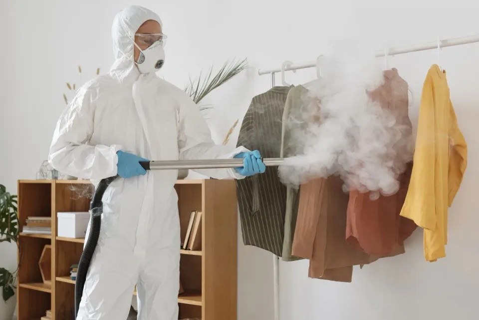 Pest Control Technician — Sanitization — Pest Control Technician, Protective Hazmat Suit, Respirator Mask, Pest Control, Pes…